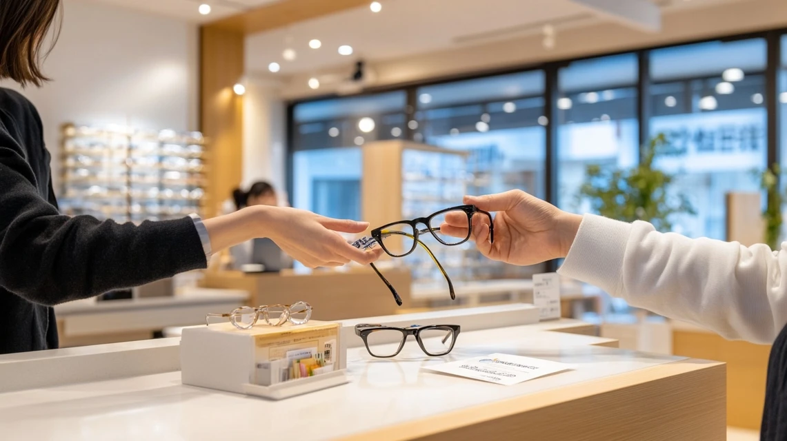 古いメガネを店員に渡し新しいメガネをクーポンで購入する日本人客
