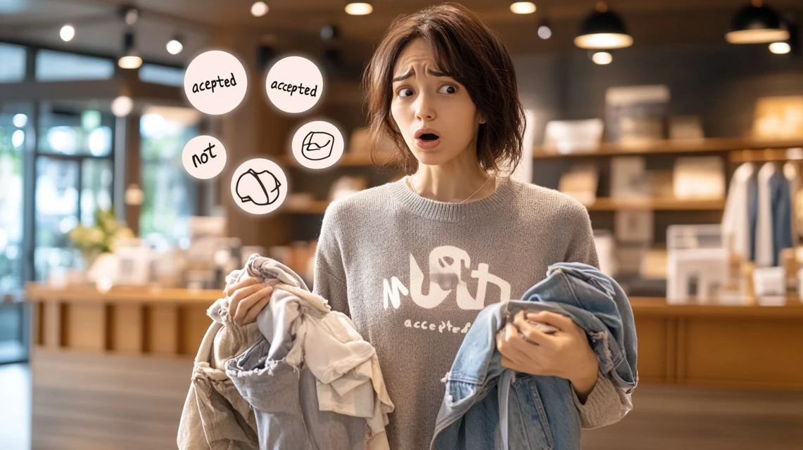 セカストアプリを利用しながら買い取れない服について確認するシーン