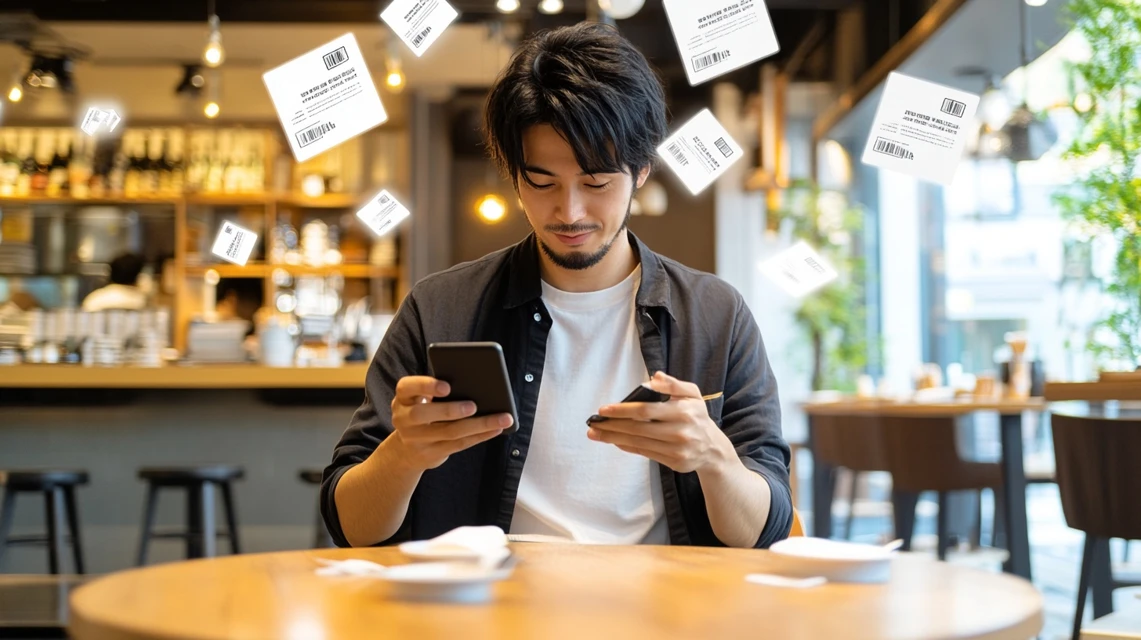 クーポンをスマホで確認し利用方法をチェックする日本人男性のイメージ