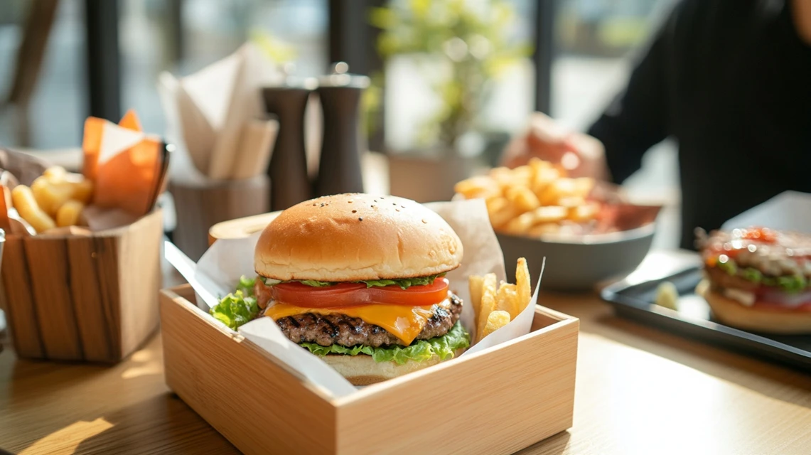 モスバーガーのランチセットを注文して楽しむシーンを表現した写真