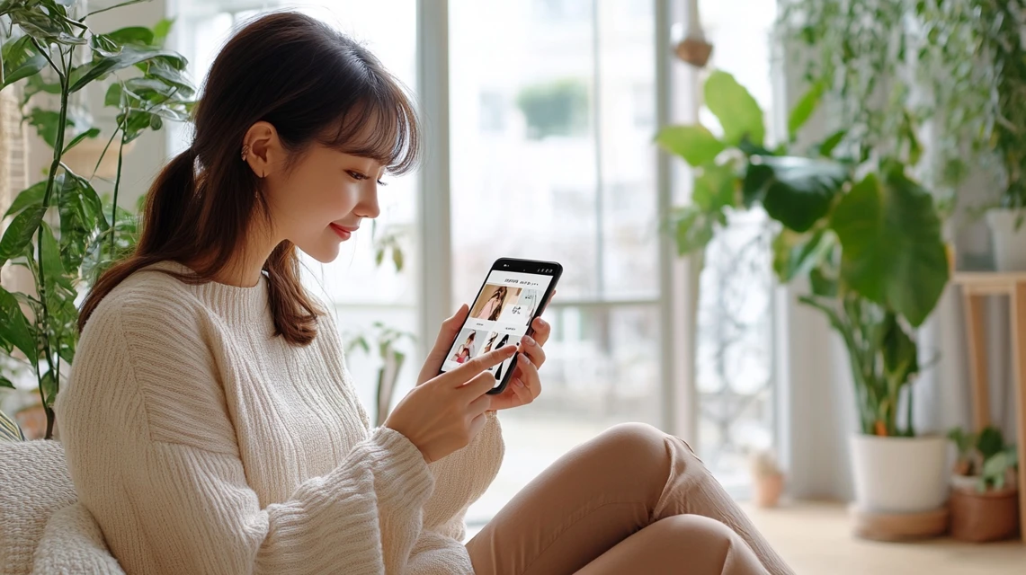 日本人女性が自宅でスマートフォンを使って会員登録をしている様子