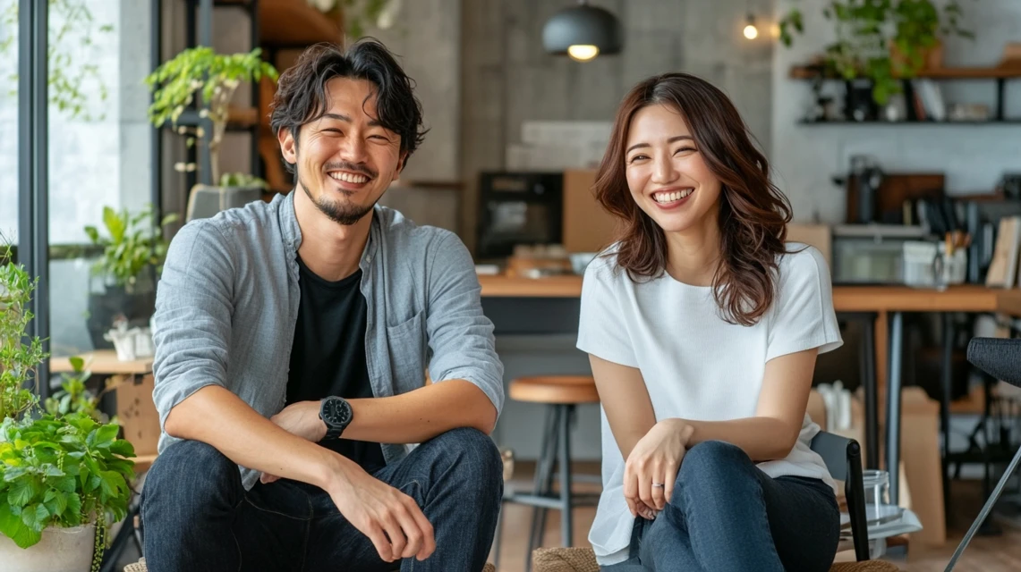 新しい家具を購入して満足そうに笑顔を見せる日本人カップル