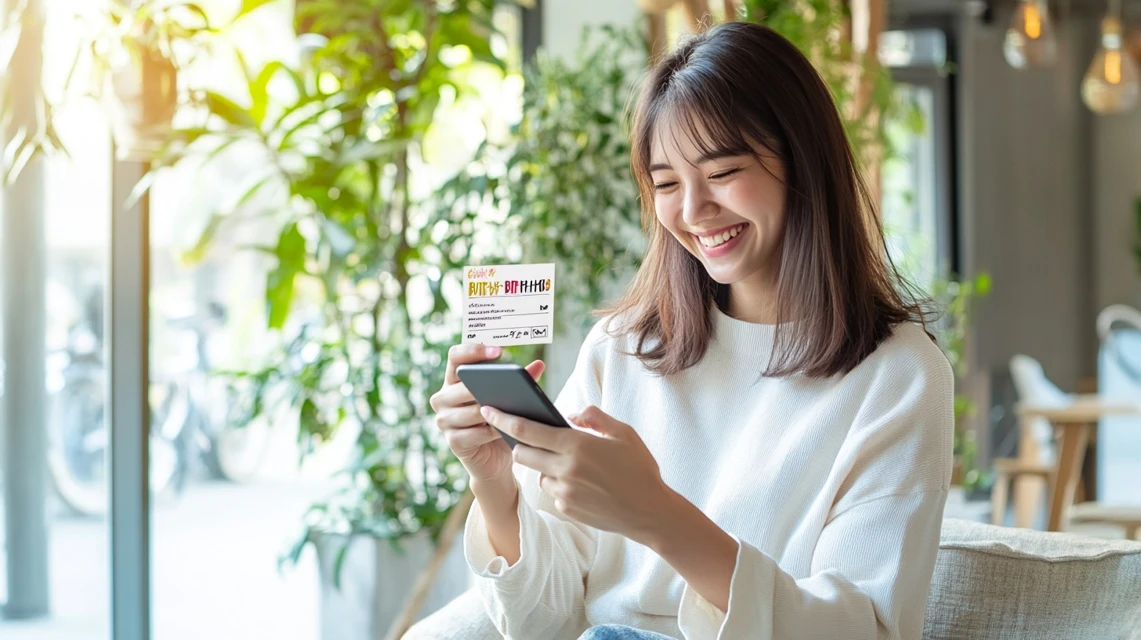 Zoffの誕生日クーポンを受け取る条件と発行スケジュールを確認する日本人女性のイメージ