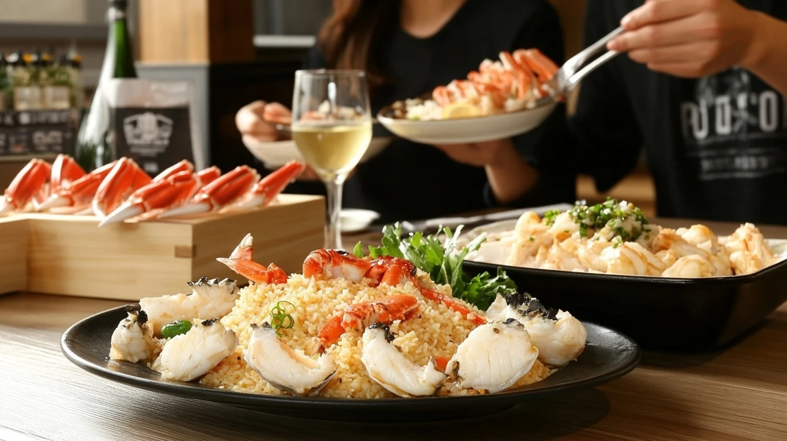 メヒコの1000円クーポンを使ってカニ料理やシーフードを楽しむ日本人カップルのイメージ