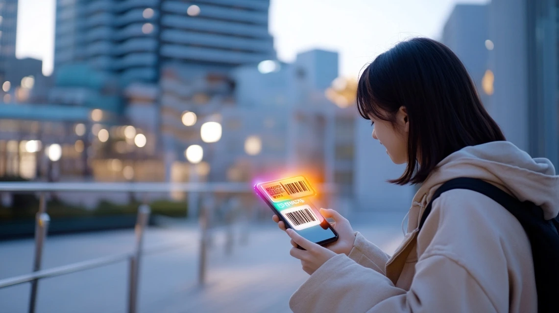 スマートフォンに光るデジタルコードを確認する日本人の若者