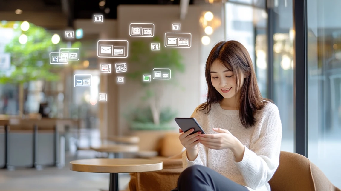 日本人女性がスマートフォンでSNSを見ながらクーポンを探しているイメージ