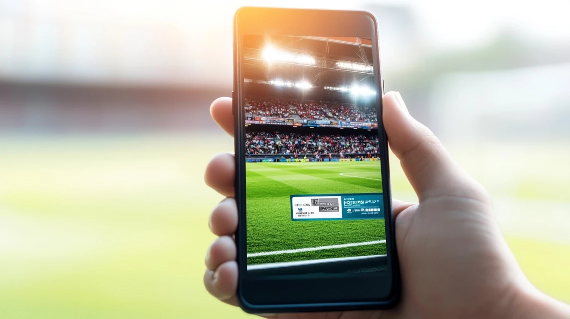 スマートフォンの画面にデジタルクーポンが表示され、サッカーの試合背景が映っている様子