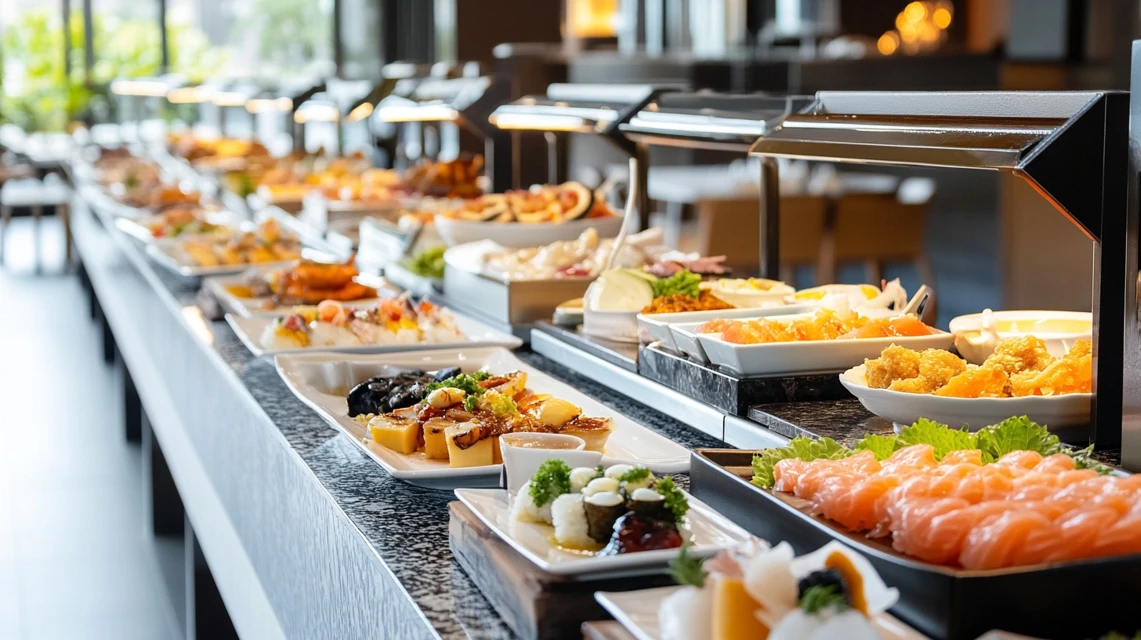 和食と洋食の豪華な料理が並ぶホテルバイキング