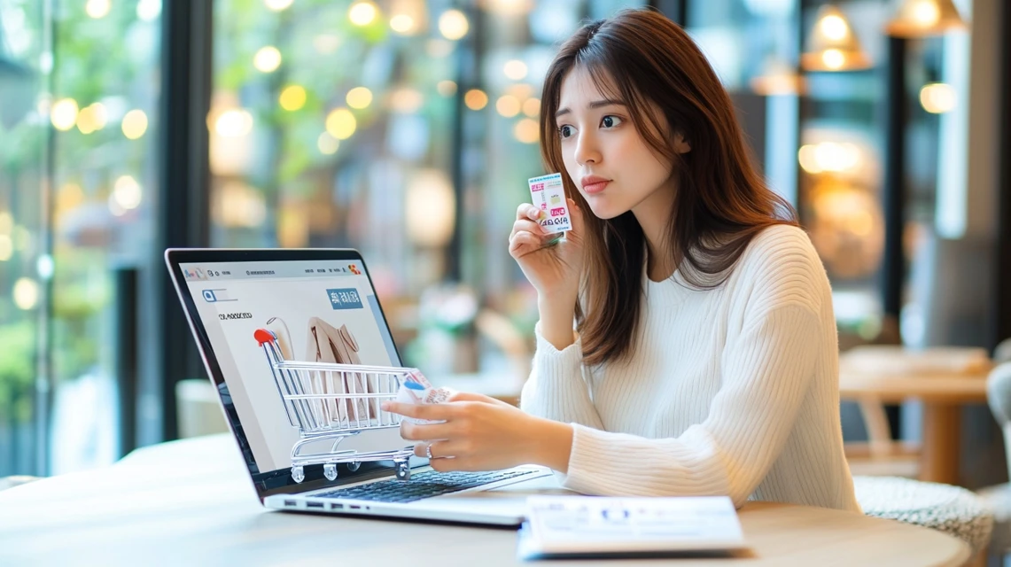 オンラインショッピング中にクーポンが適用されず困っている日本人女性のイメージ