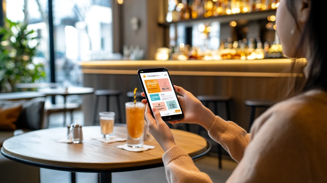 スマホでバーミヤンのドリンクバー無料クーポン番号を確認している日本人女性のイメージ
