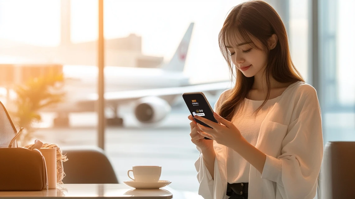JALマイレージバンクのプロモーションコードをスマホで確認する日本人女性