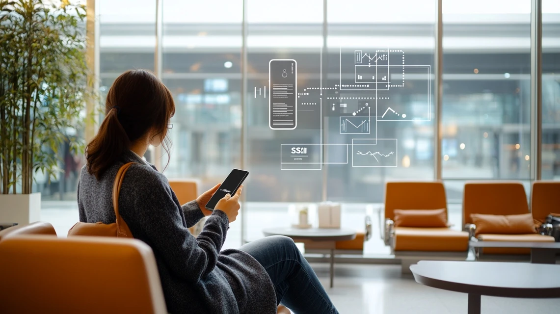 空港ラウンジでスマートフォンを操作しながらeSIMを利用する日本人旅行者の様子