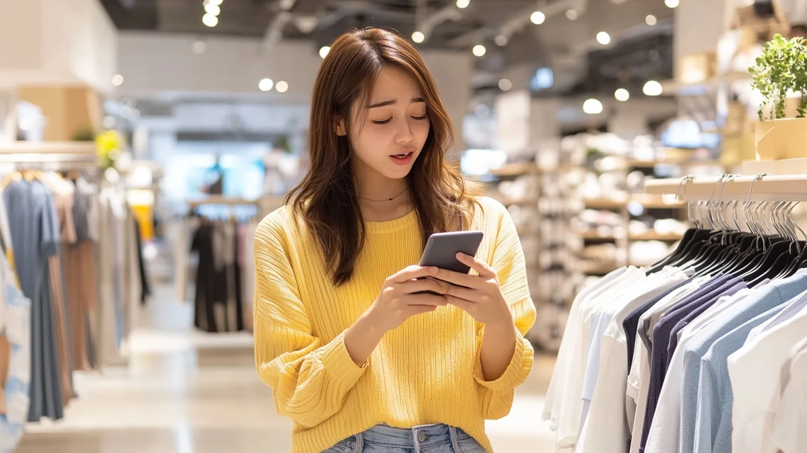 日本人女性がスマートフォンを見ながら首をかしげている様子