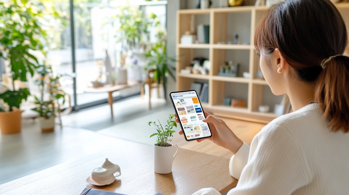 自宅でスマホを操作し、ガストの宅配クーポン番号を探している日本人女性の様子。