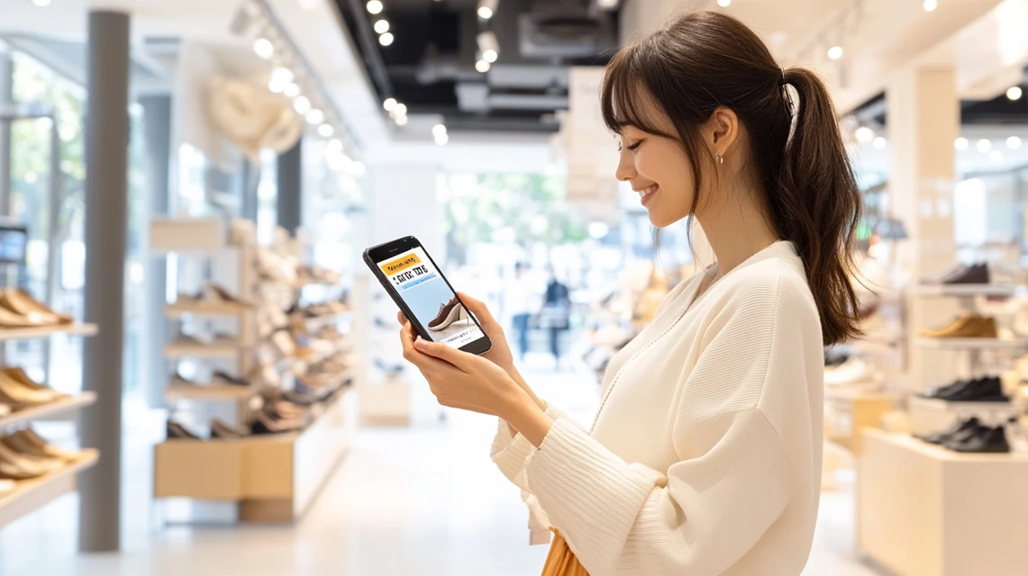 スマートフォンでabcマートの誕生日クーポン1000円割引を確認する日本人女性