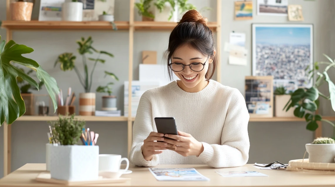 代替クーポンを探しながらスマホを操作する日本人旅行者の笑顔

