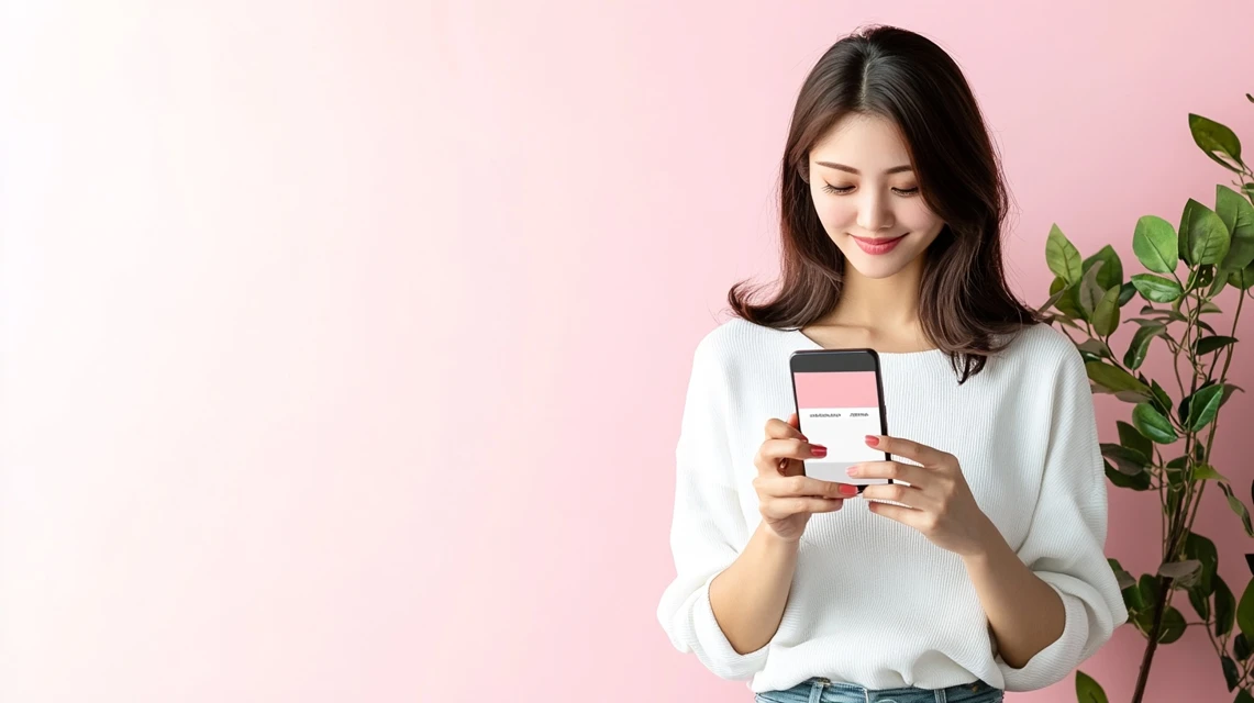 スマートフォンでデジタルクーポンを確認する日本人の買い物客の様子