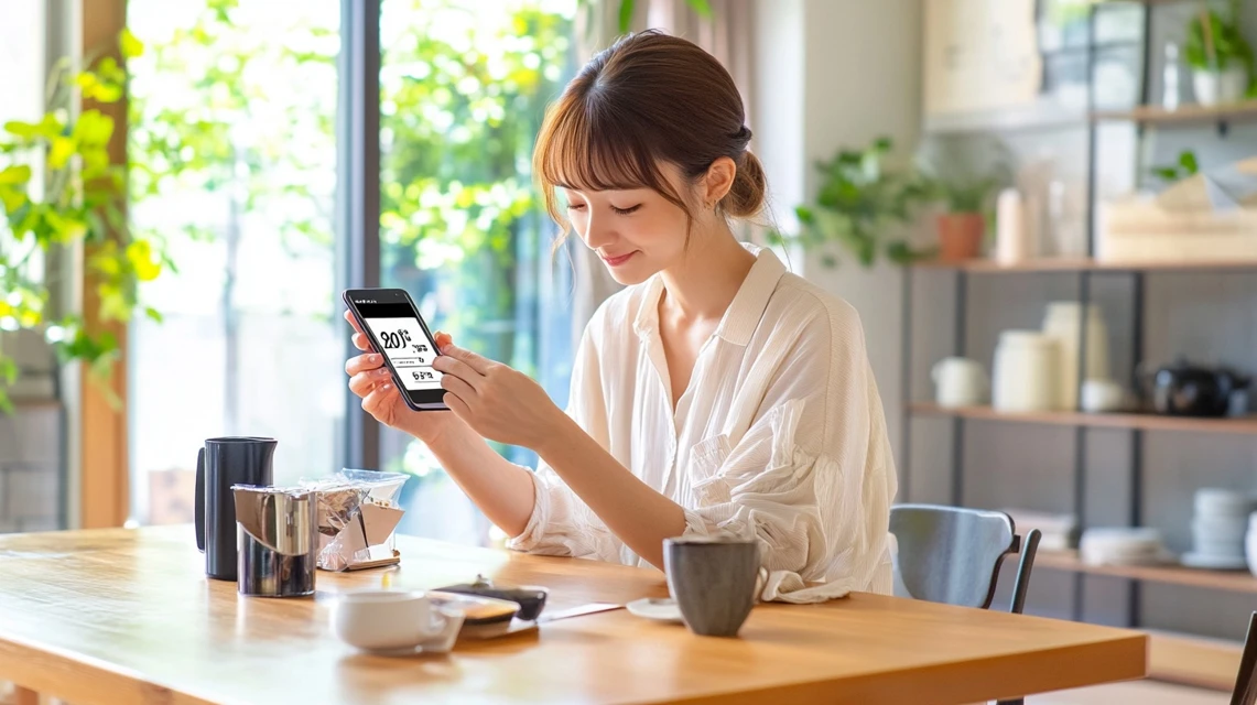 ノートパソコンで無料キャンペーンの内容を確認している日本人男性
