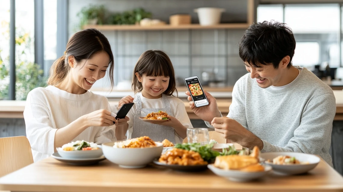 ケンタッキーの無料クーポン取得方法を紹介するイメージ、食卓でクーポンを確認する日本人家族