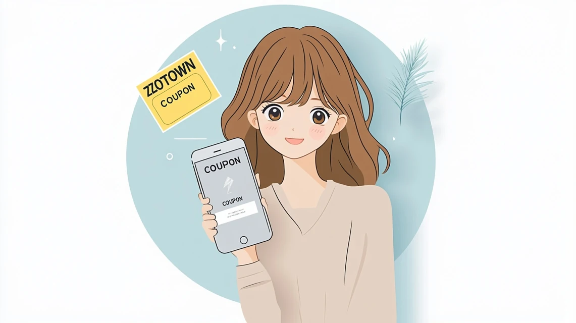 「COUPON」と書かれたデジタルクーポン画面を持つ女性のイメージ画像