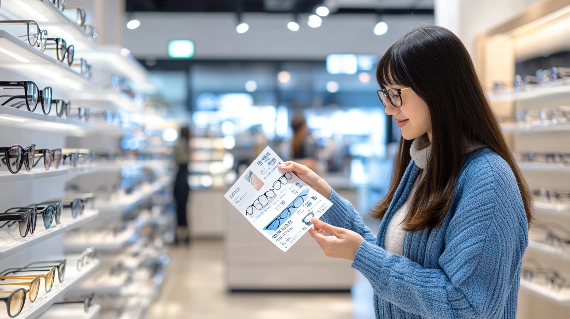 メガネ店でクーポンとチラシを持って確認する日本人客