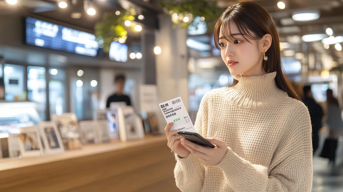 映画館受付でu-next映画クーポンの期限について質問する日本人男性
