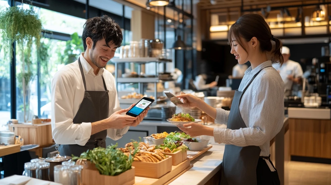 ホテルでちゅらとくのランチクーポンを提示して食事を楽しむ日本人カップル