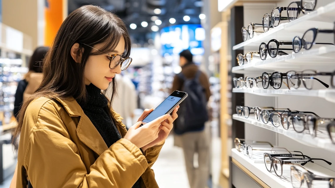 支払い前にスマホでクーポンを確認する日本人女性