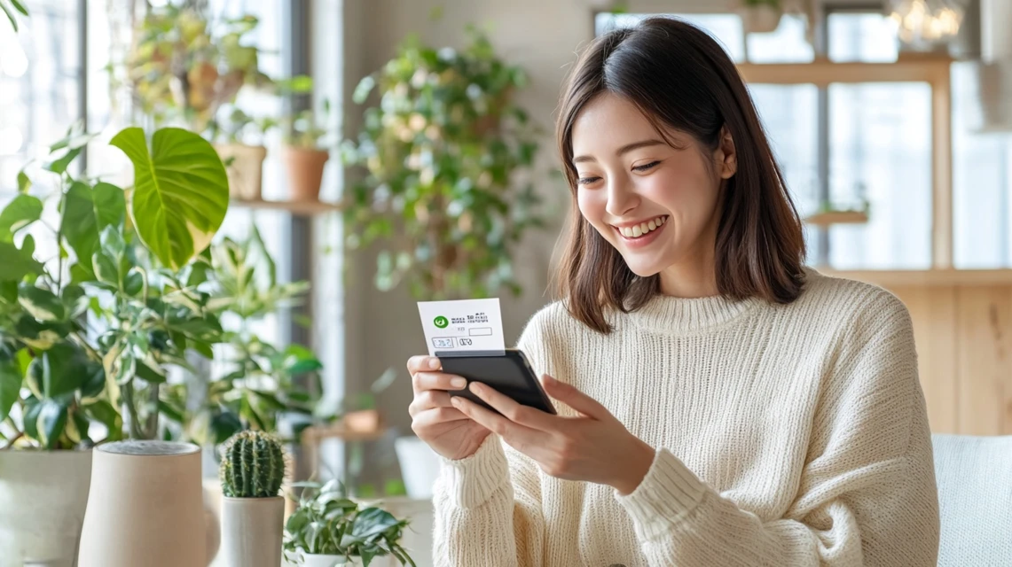 日本人女性がスマートフォンに表示された割引クーポンを見て喜んでいる様子