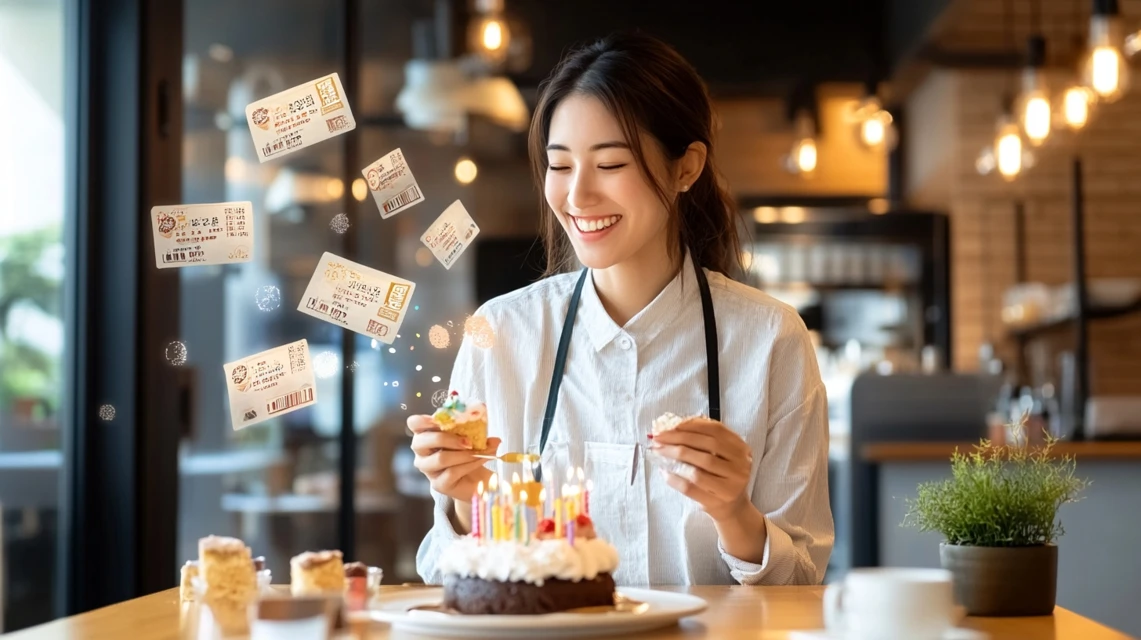 誕生日クーポンを利用し、バースデーデザートを楽しむ日本人女性のイメージ