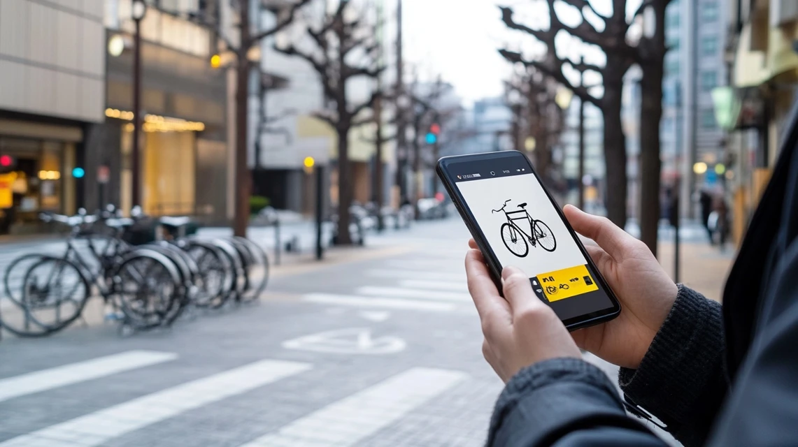 ららぽーと安城で自転車クーポンをスマホで受け取る様子を表した写真