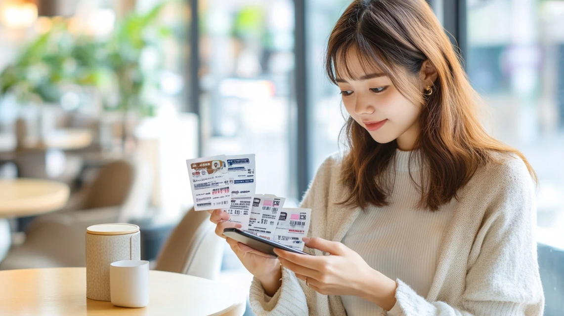 複数のクーポンを見比べながら考えている日本人女性
