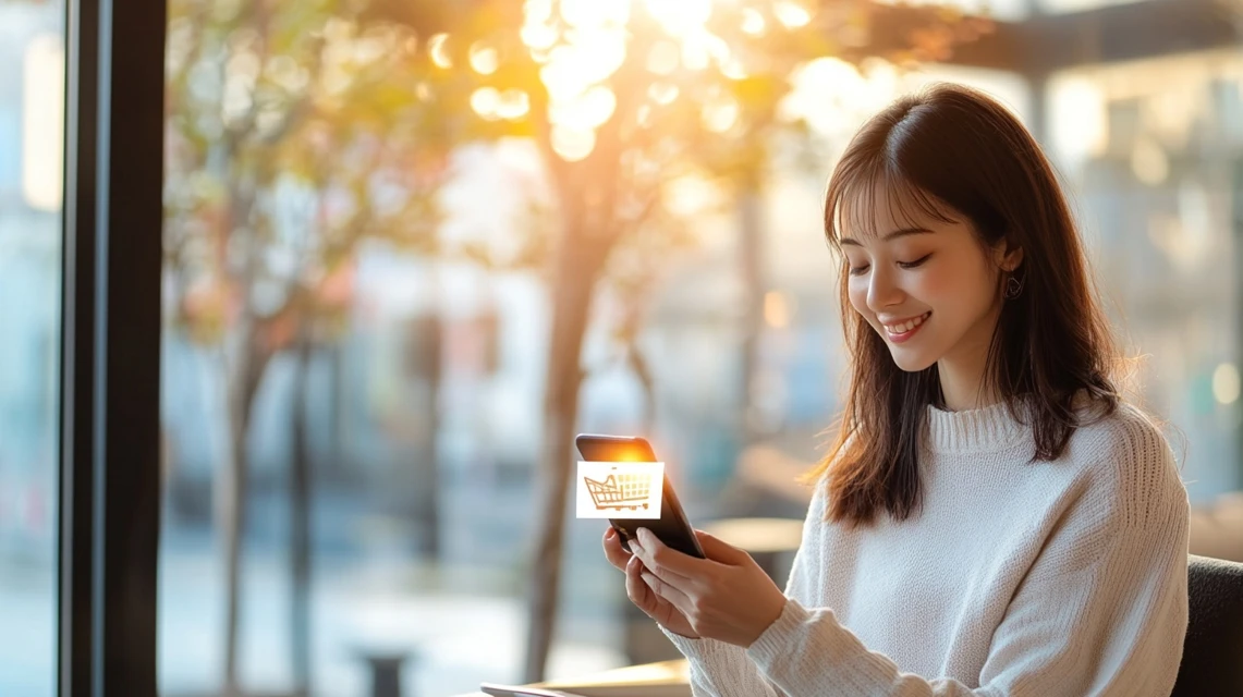 ツーハッチの誕生日クーポンとLINEクーポンを見比べている日本人女性