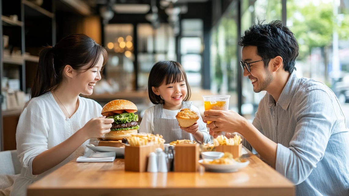 クーポンを利用してモスバーガーのメニューセットを楽しむ日本人家族の食事シーン