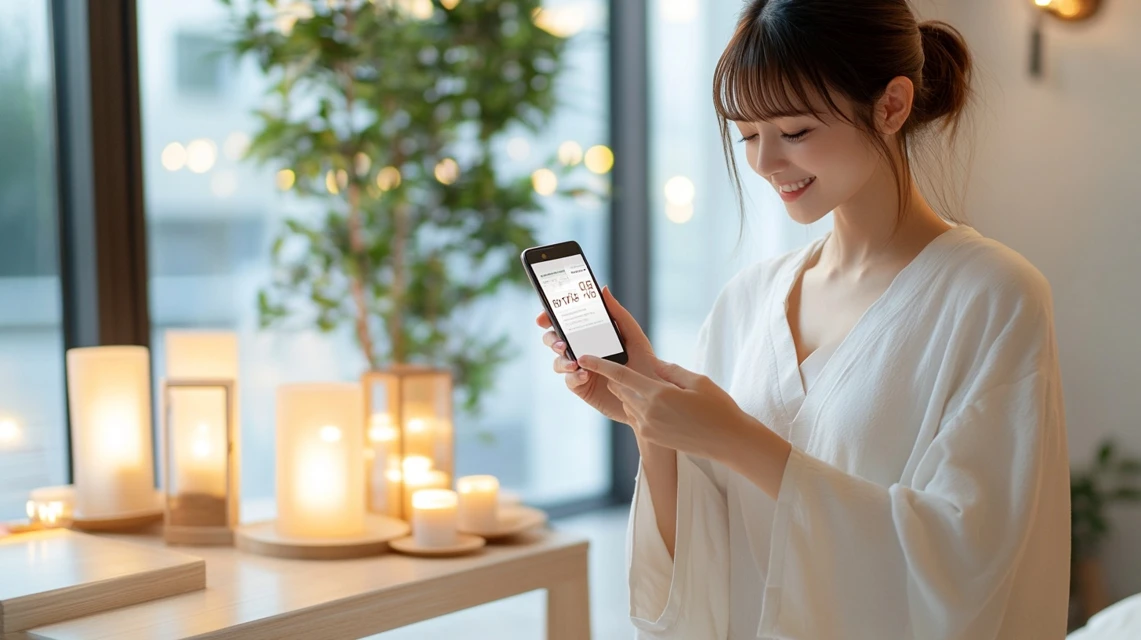 スマホでりらくるの初回クーポンを探している日本人女性のイメージ
