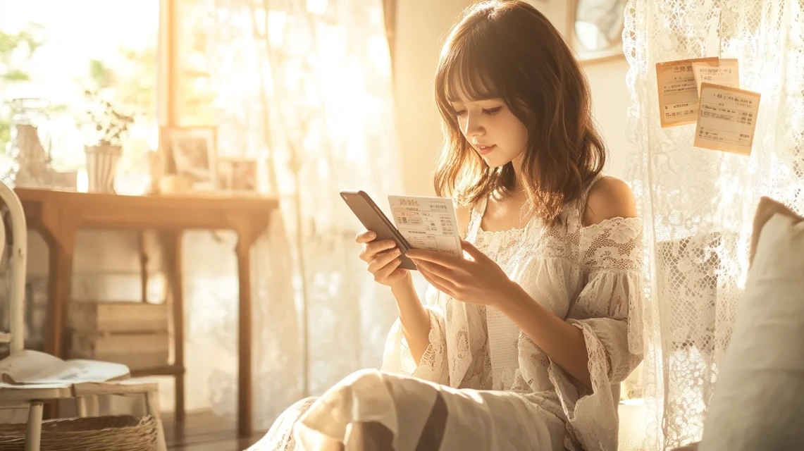 スマホ画面に表示された複数のクーポンを比較して悩む日本人女性