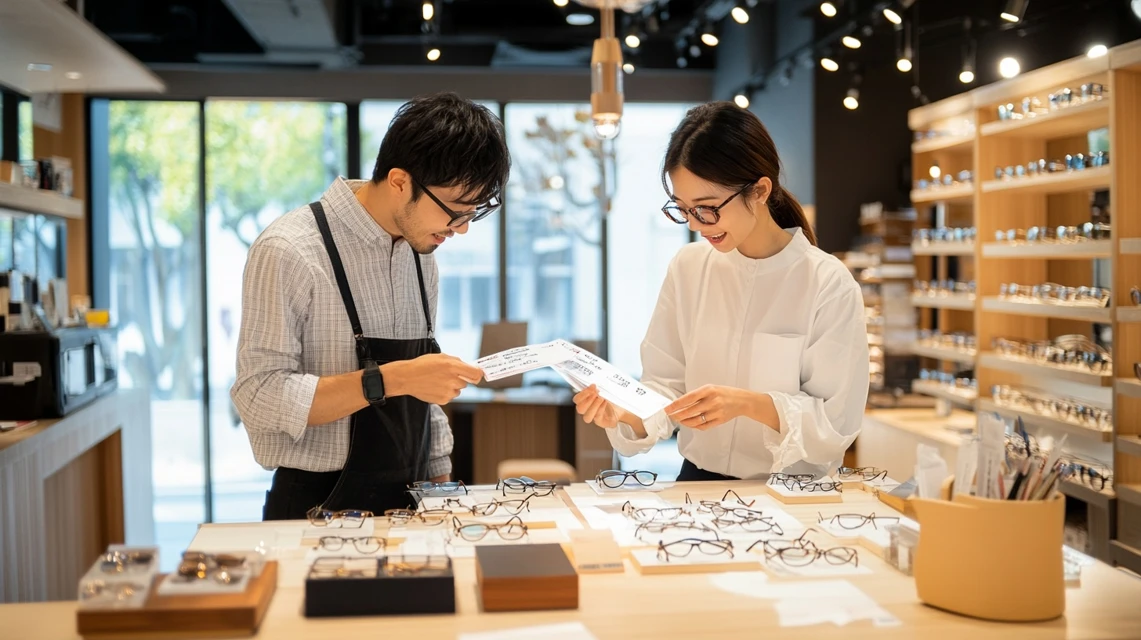 メガネの値段を比べながらクーポンの使い方を相談する日本人カップル