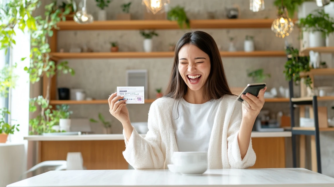 最新のキャンペーンクーポンをスマホで入手して喜ぶ日本人女性