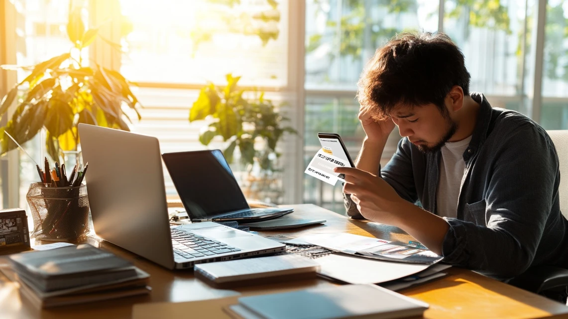 初回クーポンの入力に困っている日本人旅行者がノートパソコンとスマホを見比べている様子