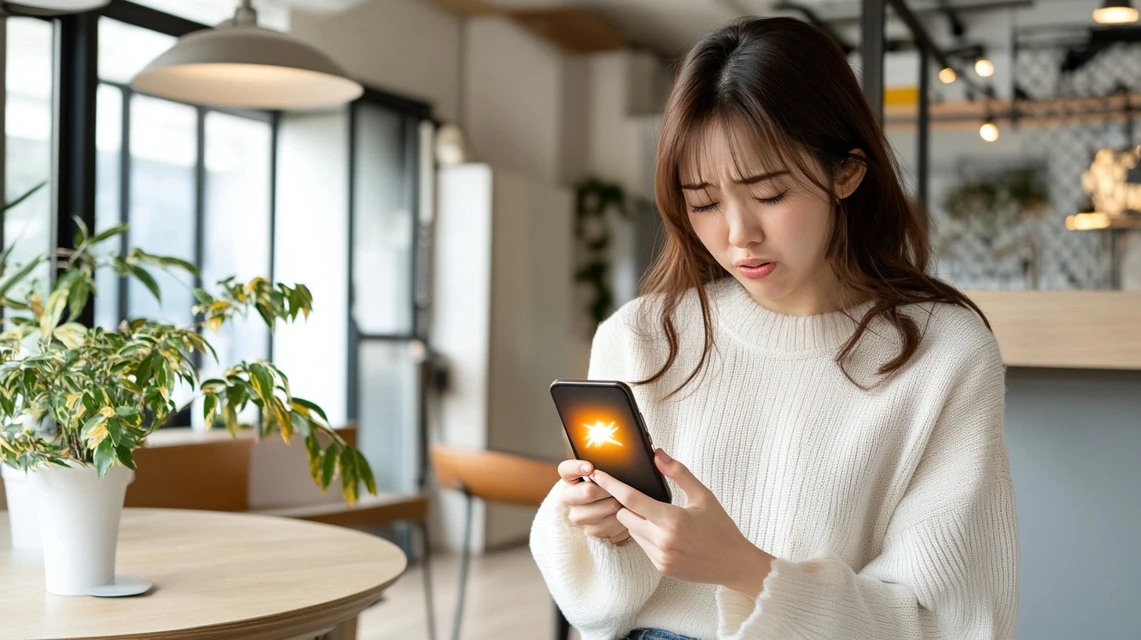 日本人女性がスマートフォンのエラーメッセージを見て困惑している様子