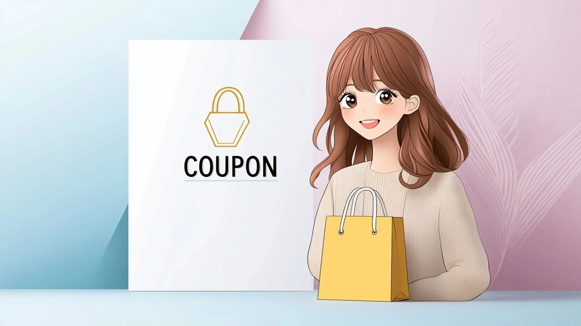 明るい配色の背景にクーポンを見せて微笑む日本人女性のポップなイラスト