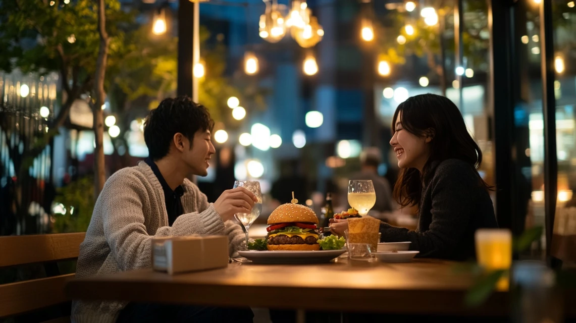 夜にモスバーガーのセットメニューをクーポンで楽しむ日本人カップルの食事風景