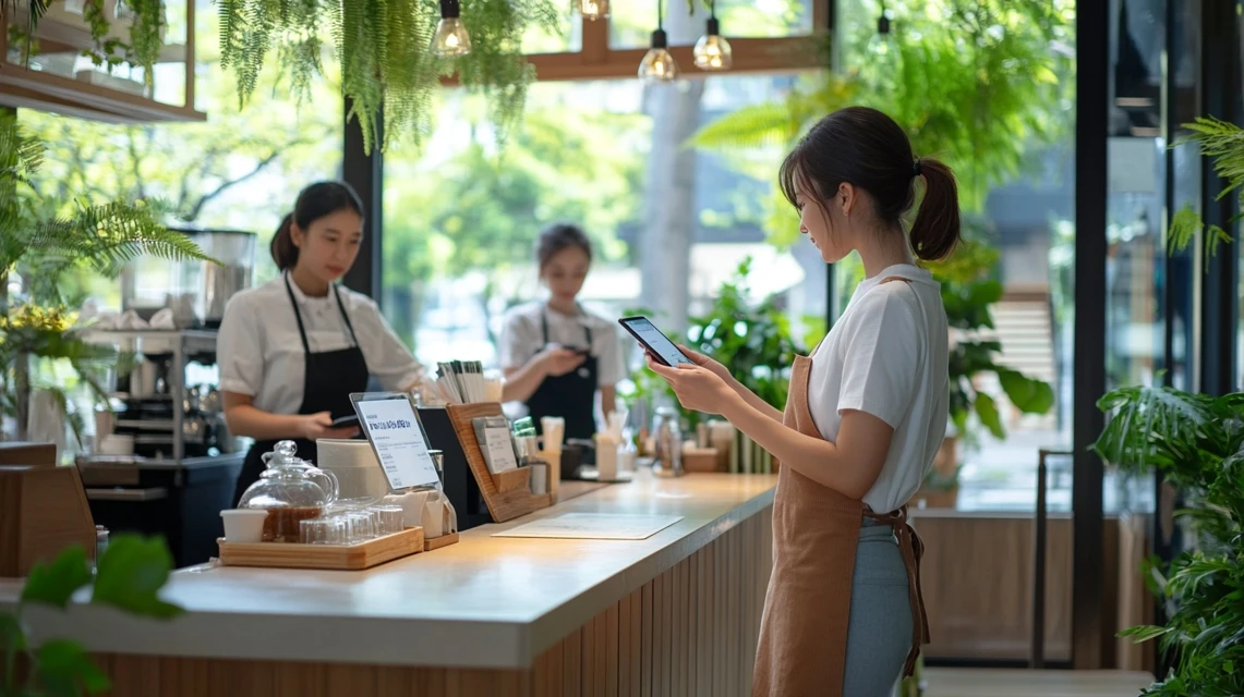コナズコーヒーで予約時にクーポン利用についてスタッフに確認する日本人女性