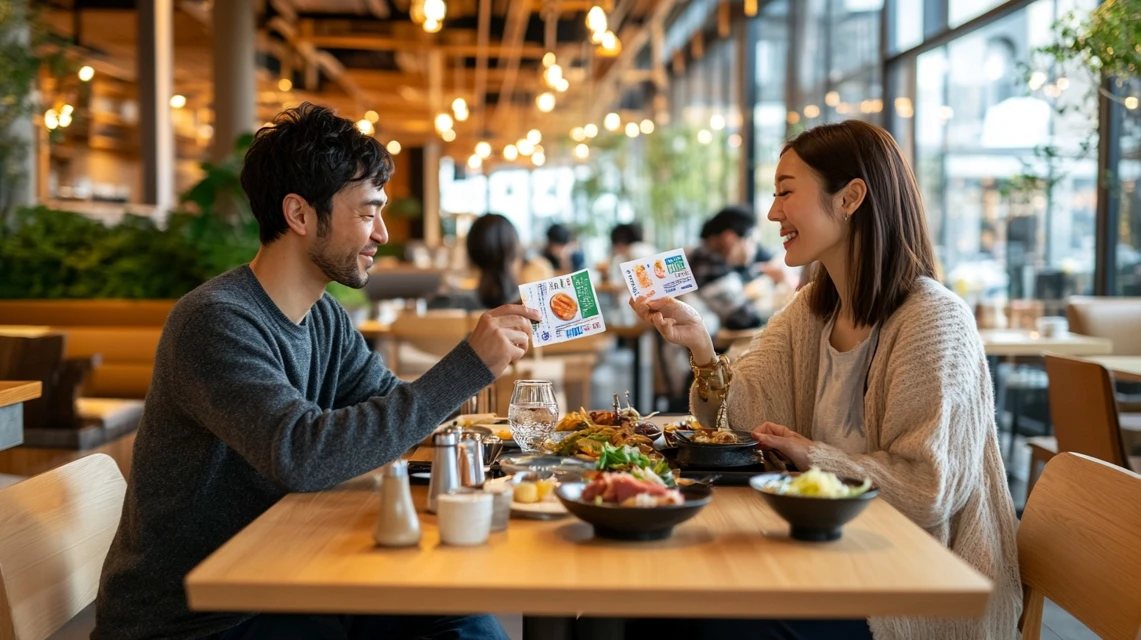 ちゅらとくのランチクーポンと地域クーポンを併用する日本人カップル