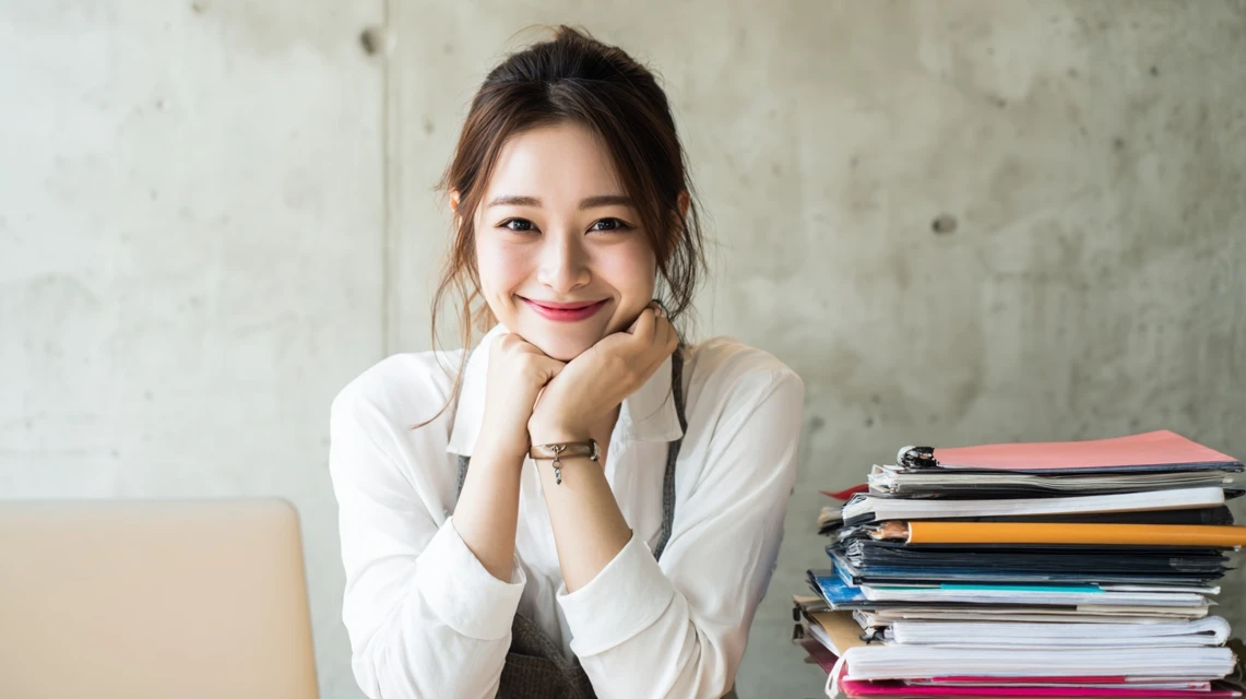日本人学生がノートパソコンと学習資料を前に笑顔で学習を続けている場面