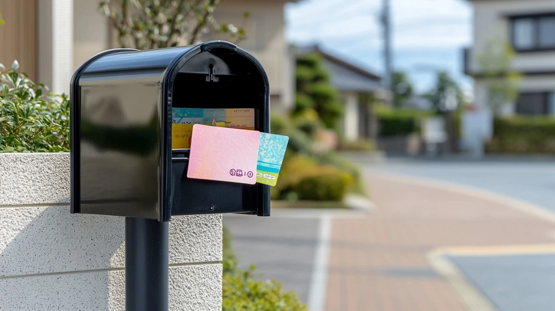 郵便受けに届いたカラフルなクーポンはがき