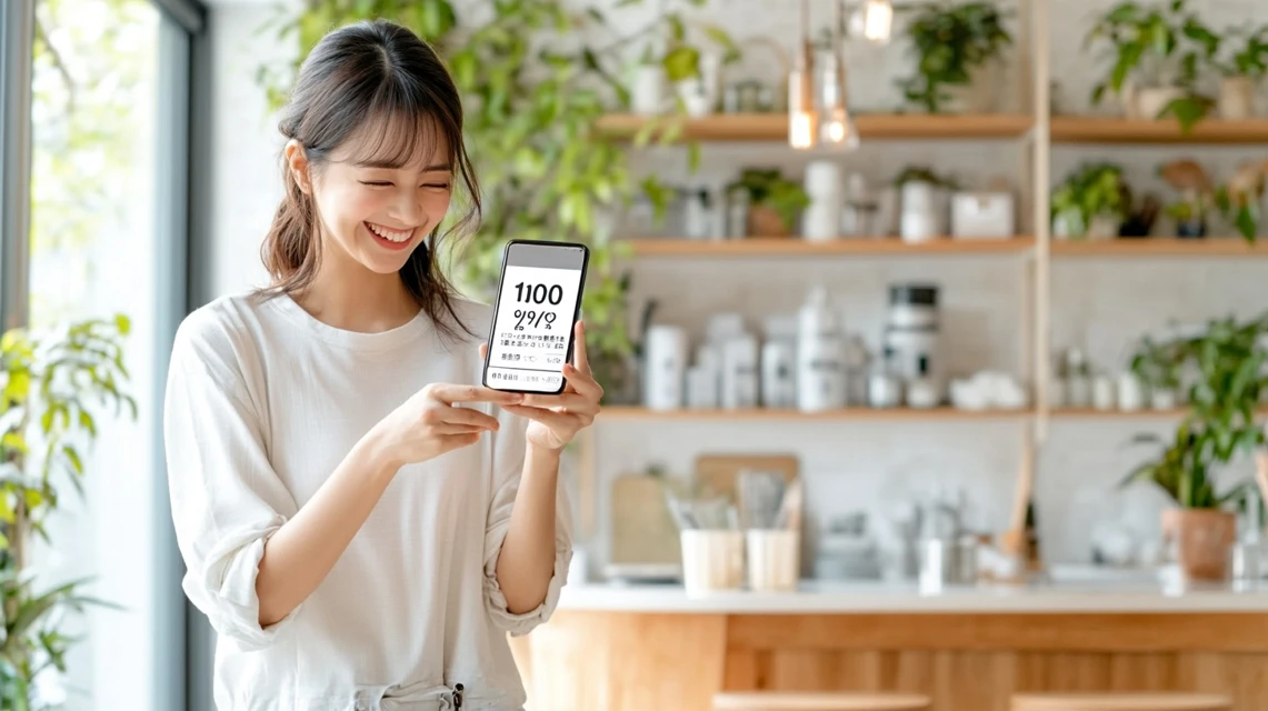 りらくるの1000円割引クーポンを見つけて喜ぶ女性
