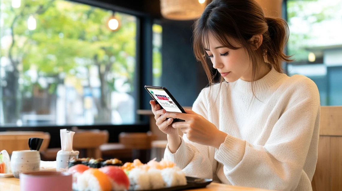 クーポンが届かず困っている日本人がスマホを操作している様子
