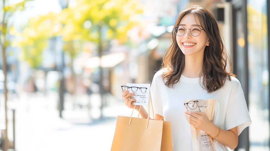 ALT: Zoffの誕生日クーポンを使って3000円お得に買い物した日本人女性のイメージ