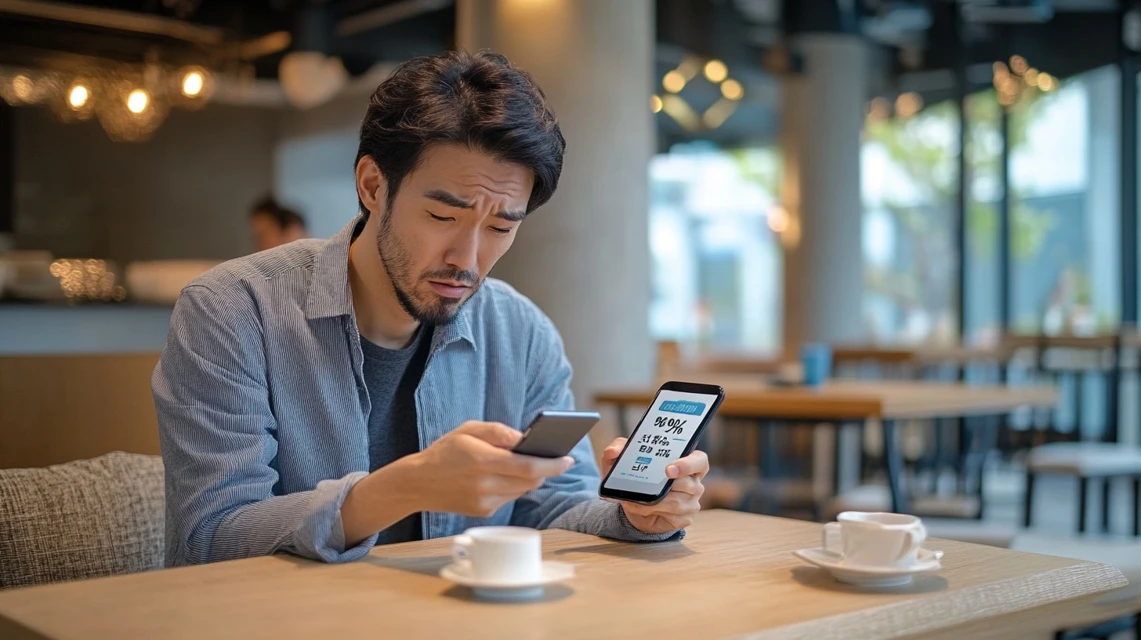 5％クーポンが減少したことに戸惑う日本人のスマートフォン画面と表情